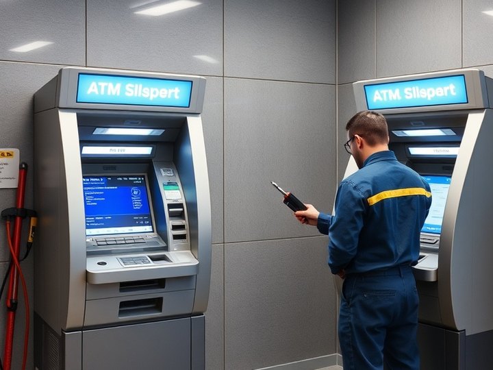 Técnico realizando el mantenimiento de un cajero automático
